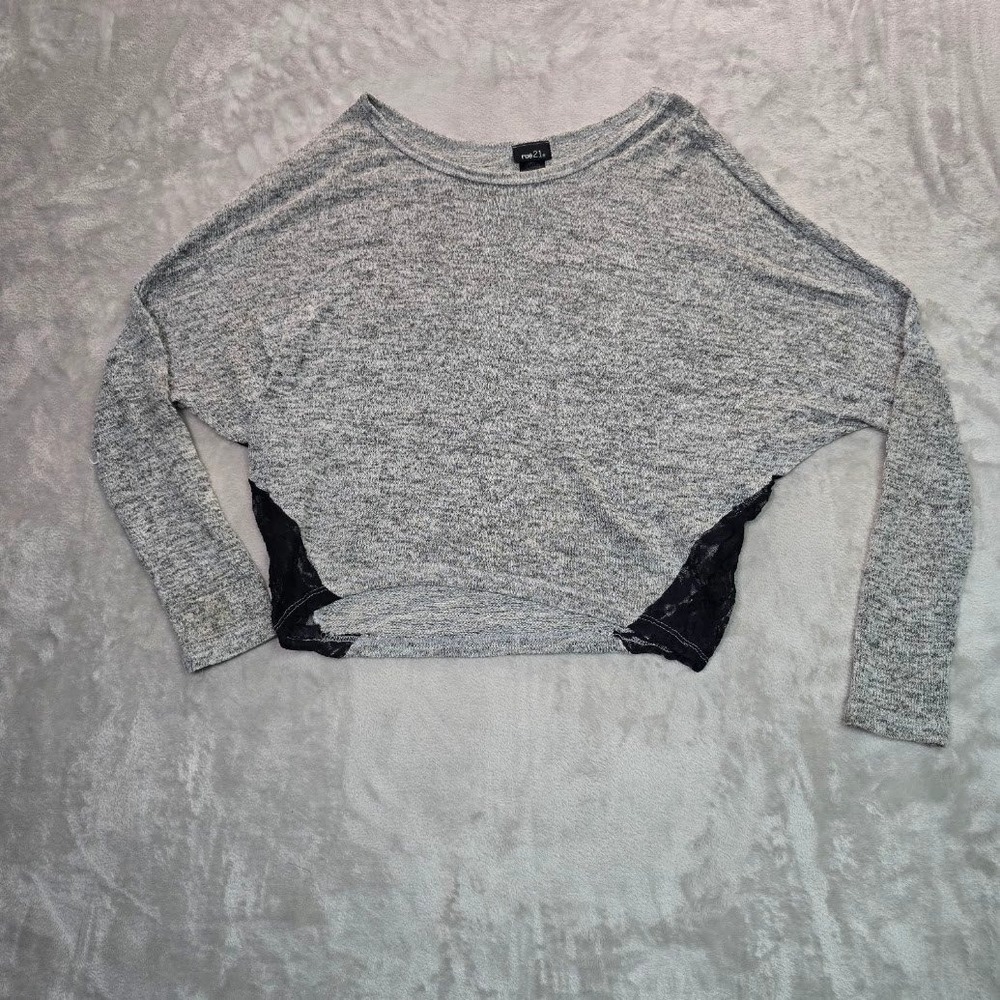 Rue21 Womens Gray Marl Knit Long Sleeve Crop Top Black Lace Side Panels Medium